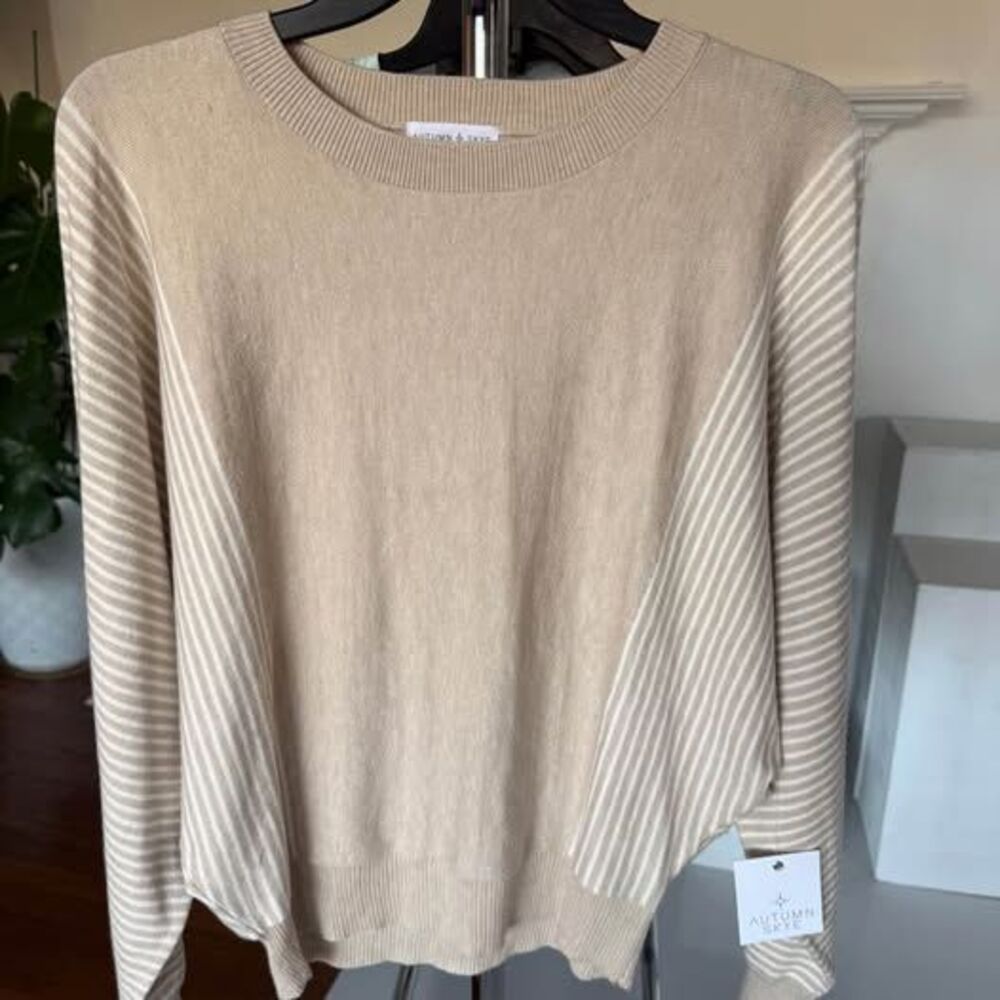 Autumn Skye Tan Striped Paneled Crewneck Sweater Womens Large Style 7816 NWT
